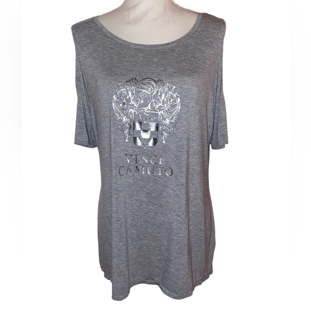VINCE CAMUTO Cold Shoulder Screen Printed Tee Shirt in Jersey Gray/Silver SZ LG